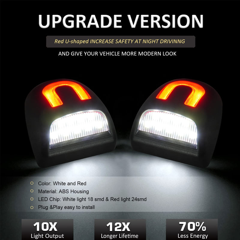 Bestview Red U-shaped Full LED License Plate Light Tag Lamp Assembly Replacement for Chevy Silverado GMC Sierra 1500 2500 3500 Suburban Tahoe Avalanche Cadillac Escalade EXT Yukon XL, 2 PCS Black+Red