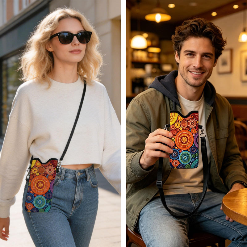 GLOBLELAND Pattern Cell Phone Sleeve Pouch Case Bag with Crossbody Strap Neck Lanyard for Women Men Artistic Circle