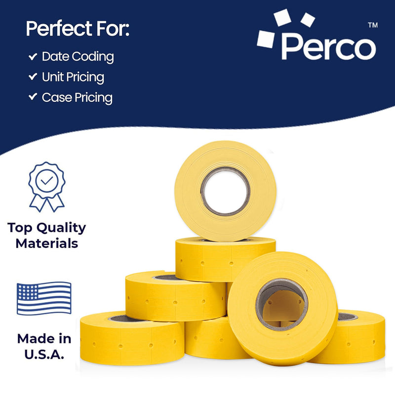 Perco 2 Line Yellow Labels - 8 Rolls, 1 Sleeve, 6,000 Blank Price and Date Gun Labels for Perco 2 Line Price and Date Guns - Made in USA