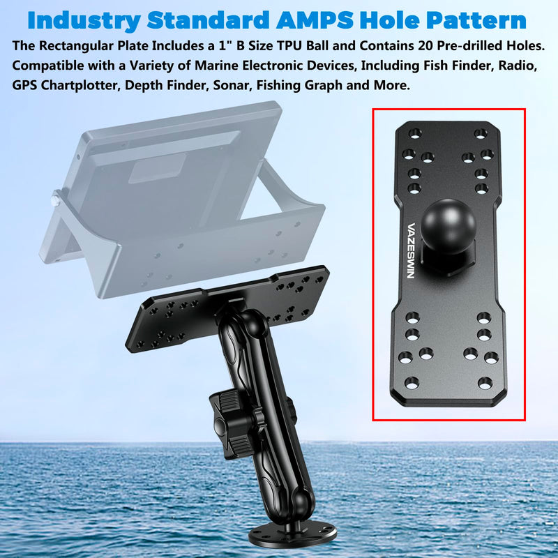 VAZESWIN 1" Ball Aluminum Alloy Fish Finder Mount, AMPS Rectangular Plate | for RAM Mounts B Size 1" Ball Double Socket Arm, Universal Marine Electronic Mounting Plate for Garmin, Lowrance, Humminbird