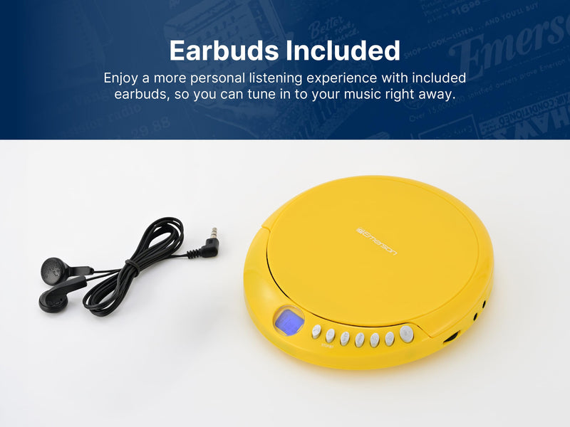 Emerson EPCD-2003 Portable CD Player with FM Radio, Bluetooth 5.3 AudioStream™, 60-Second Anti-Shock, 20-Track Memory, LCD Display, Dual Power (Micro-USB/Battery) & Earphones Included Gray