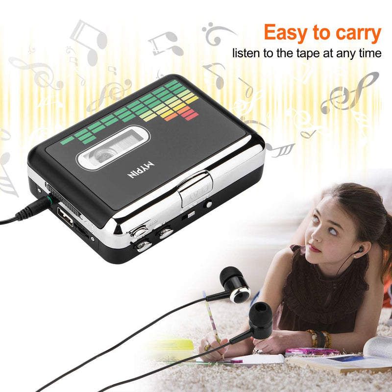 USB Cassette to MP3 Converter, Portable Walkman Cassette Audio Music Player Tape-to-MP3 Converter with Earphones, Volume Control, Auto Reverse, No PC Required Black