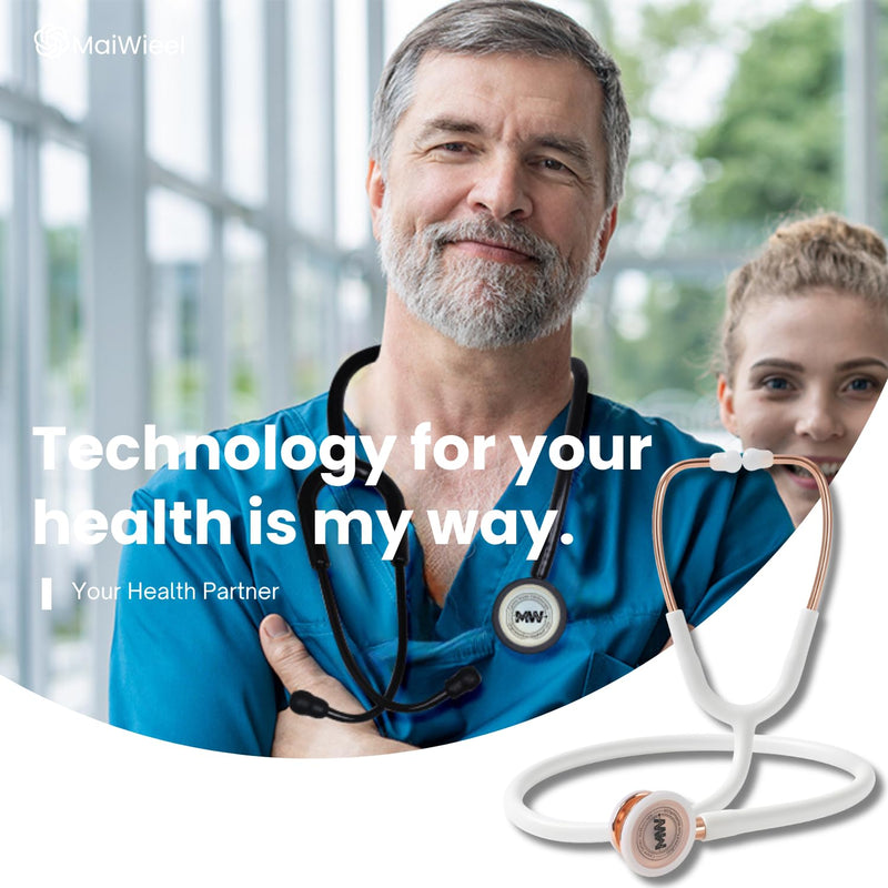 MaiWieel-Classic Monitoring Stethoscope Professional Dual Head Rose Gold Stethoscopes For Nurse,Doctor,Vet,Home Medical,EMT,Double-Sided Stainless Chestpiece,Flexible Tubing & Soft Sealing Eartips(White Gold) Rose Golden-White