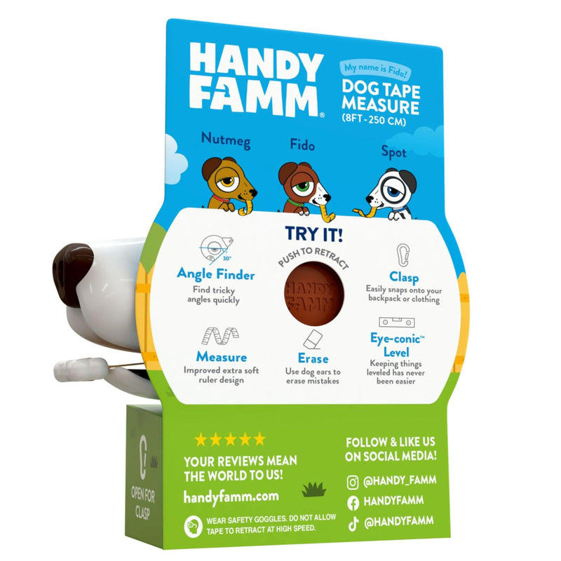 Handy Famm Fido The Dog 4-in-1 Kids Measuring Tape with Adjustable Level Eye, Angle Finder & Eraser Ears – Montessori STEM Educational Toy, Real Tape-Measure for Children Ages 3+