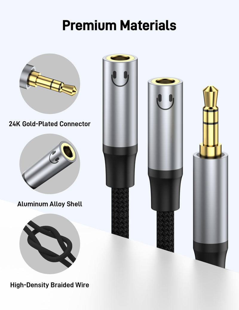 3.5mm Headphone Splitter, Aux Audio Stereo Y Splitter Extension Cable Male to Female Dual Headphone Jack Adapter for Switch 2/PS4/PS5 iPhone iPad, Tablet, Laptop. grey 1 Pack