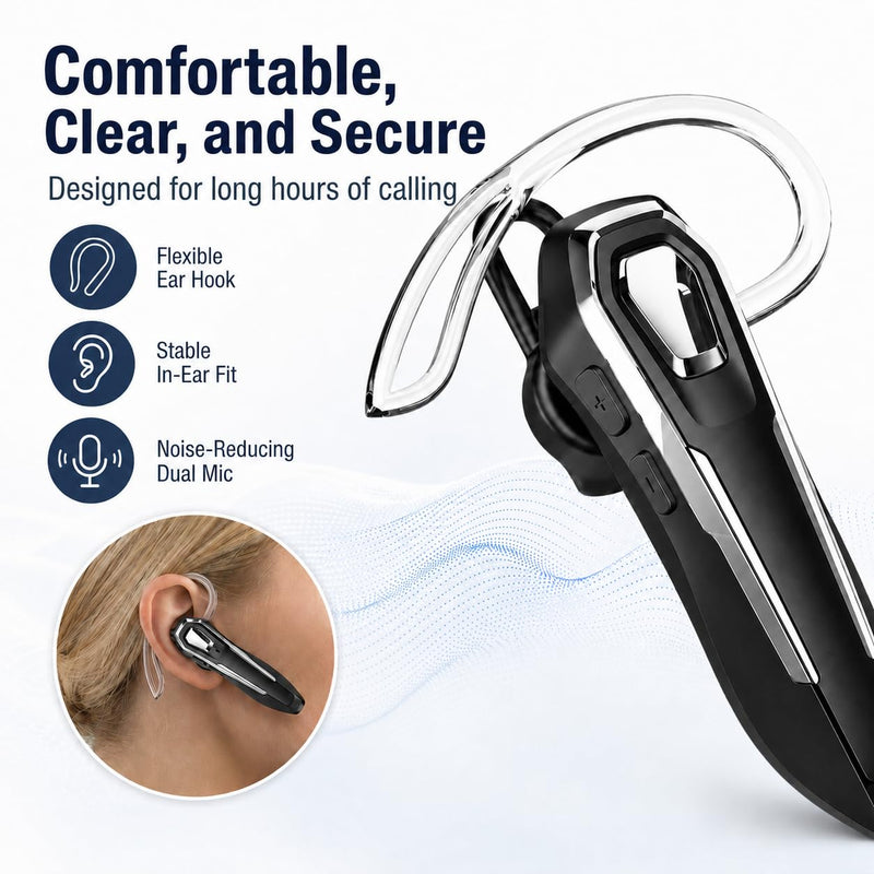 Sliver Bluetooth Earpiece with Mic, Mono Wireless Headset, 30H Call Time, Dual MEMS Mics, Mute Button, USB-C Charging, Voice Assistant, for Office Driving Cell Phones