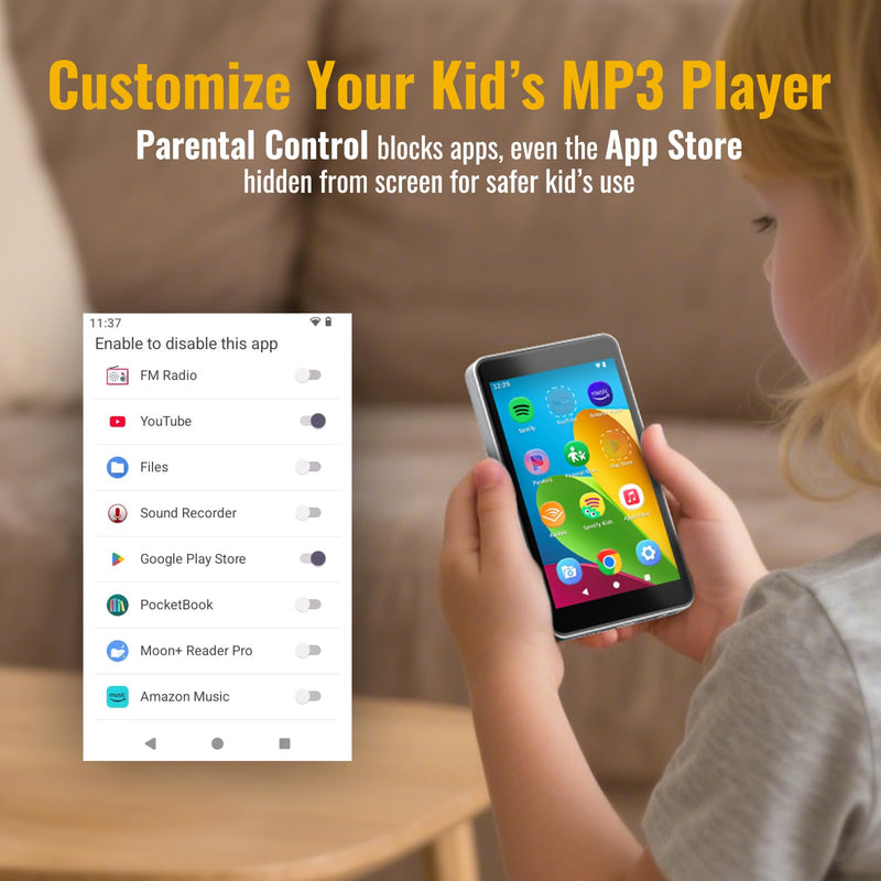 MP3 Player with Spotify for Kids, Play Store | Android 14, Parental Controls, Night Mode, Audible, Amazon Music, Libby, Earphones Included, Up to 1TB