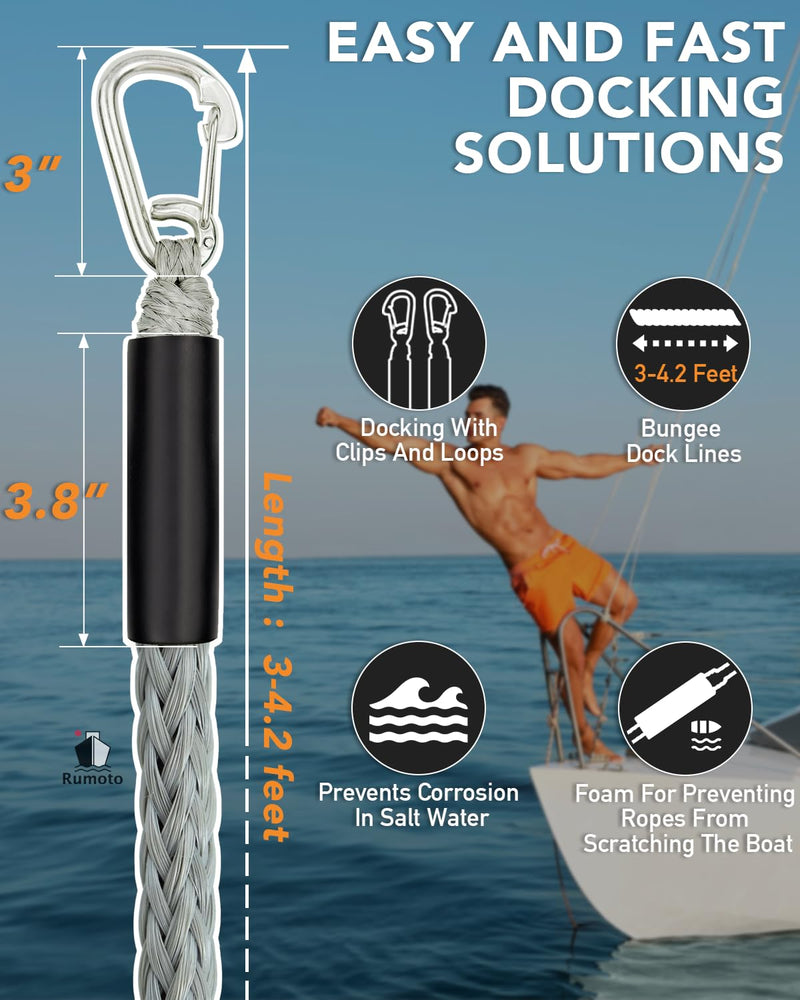 3 Feet Bungee Dock Lines with 2 Clips Heavy Duty 316 Stainless Steel Clips Boat Ropes Mooring Rope & Dock Ties for for Boats PWC or Jet Ski 2PCS (Grey, 3 Feet) Gray