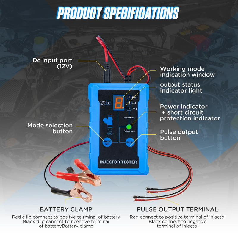 PLAYOCCAR Automotive Fuel Injector Tester, Car Fuel Injector Cleaner Tool Kit with 8 Pulse Modes, 12V GM Fuel Injector Pressure Tester with 4 Nozzles