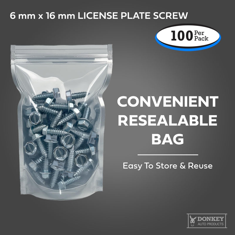 License Plate Screws - Slotted Hex Head - Metric - 6mm x 16mm - for Vehicles (100 per Pack)