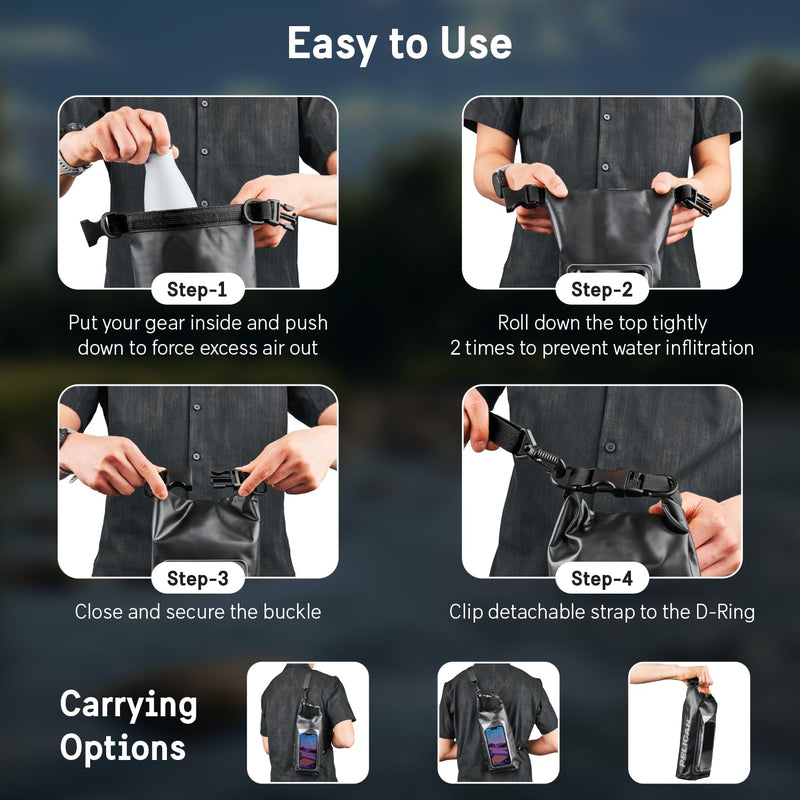 Pelican Marine IP68 Waterproof Dry Bag 2L - Roll Top Waterproof Backpack w/Phone Case/Pouch - Boating & Kayak Accessories - Essentials for Camping Swimming Beach Fishing Rafting Travel - Black Stealth Black - 2L