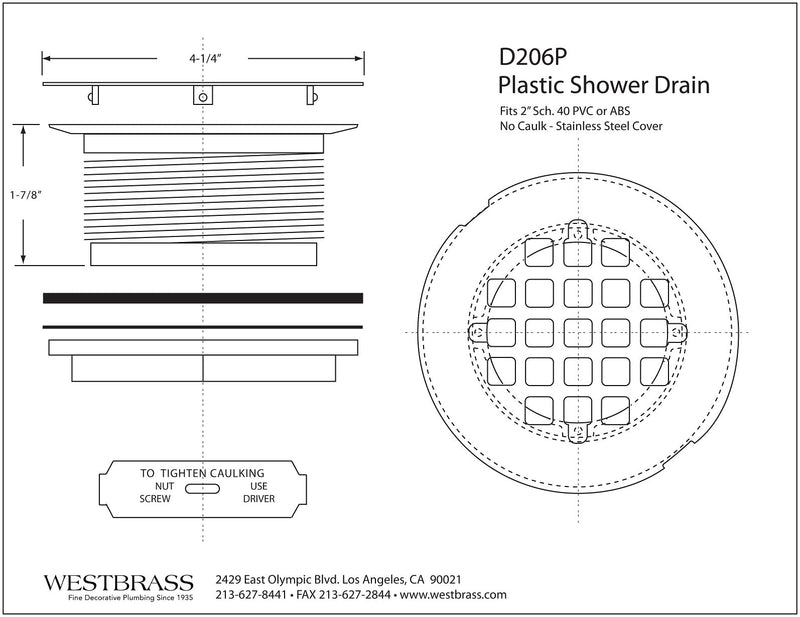 Westbrass D206P-01 2" No-Caulk PVC Compression Shower Drain with 4-1/4" Round Grid Cover, Polished Brass 1-Pack