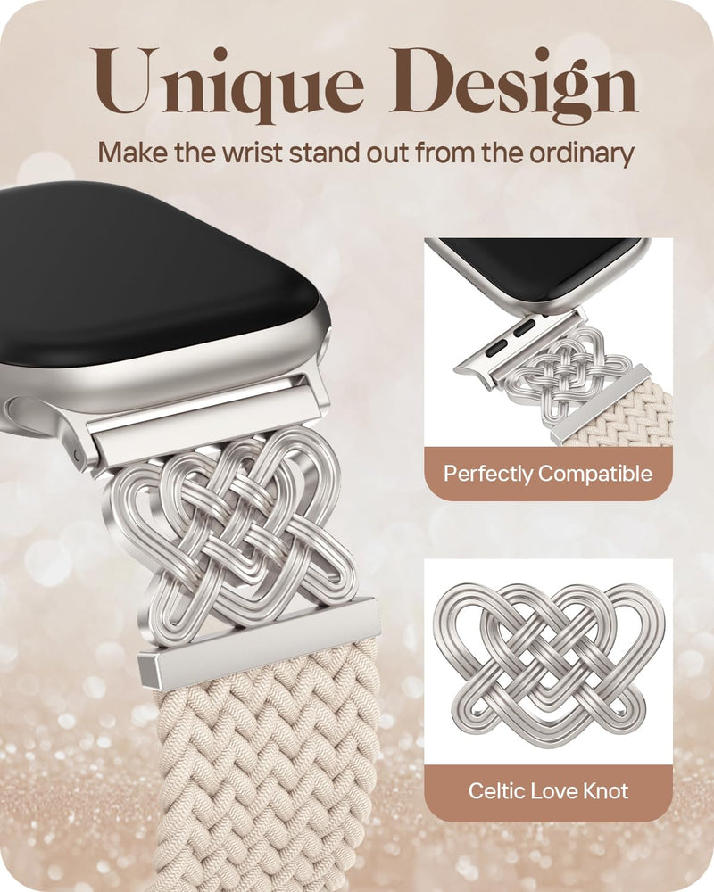 Braided Stretchy Band for Apple Watch Bands 38mm 40mm 41mm 42mm Women Men | Celtic Love Knot Metal, Magnetic Clasp, Nylon Elastic Straps for iWatch Series 11 10 9 8 7 6 5 4 3 2 1, SE 3/2/1, Ultra 3/2/1 Starlight/Starlight