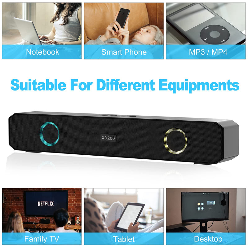 Portable Wireless Speaker Home Bluetooth Sound Bar with Multi-Color Flashing Lights Compatible for PC, Laptop, Smartphones (Black)