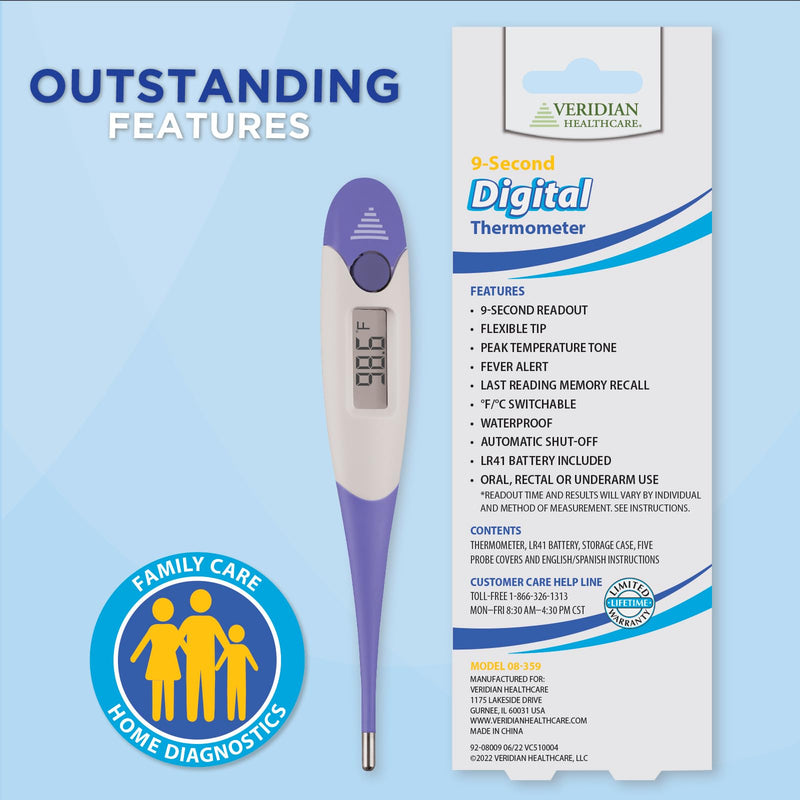 Veridian Digital Thermometer | 9-Second Readout | F C Temperature Modes| Flexible Tip | Hygienic Water-Resistant Easy Cleaning | Storage Case + Instructions Included