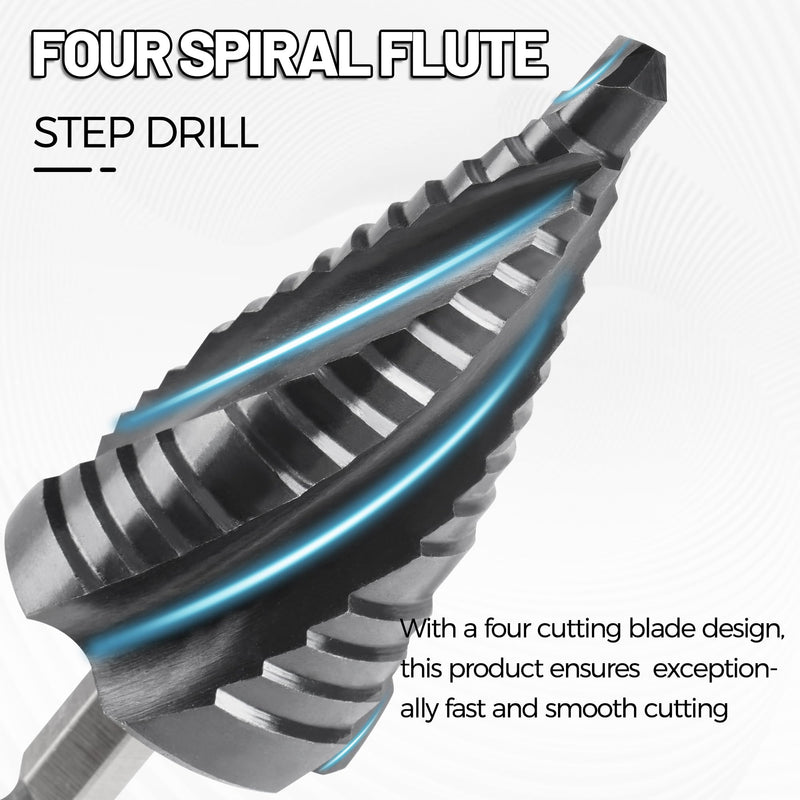 Cobalt M35 Step Drill Bit, TiAlN Coating 4 Spiral Flute Step Bit for Metal, Stainless Steel, Aluminum, Plastic, Large Step Drill 1-1/8" M35 1/4 - 1-1/8