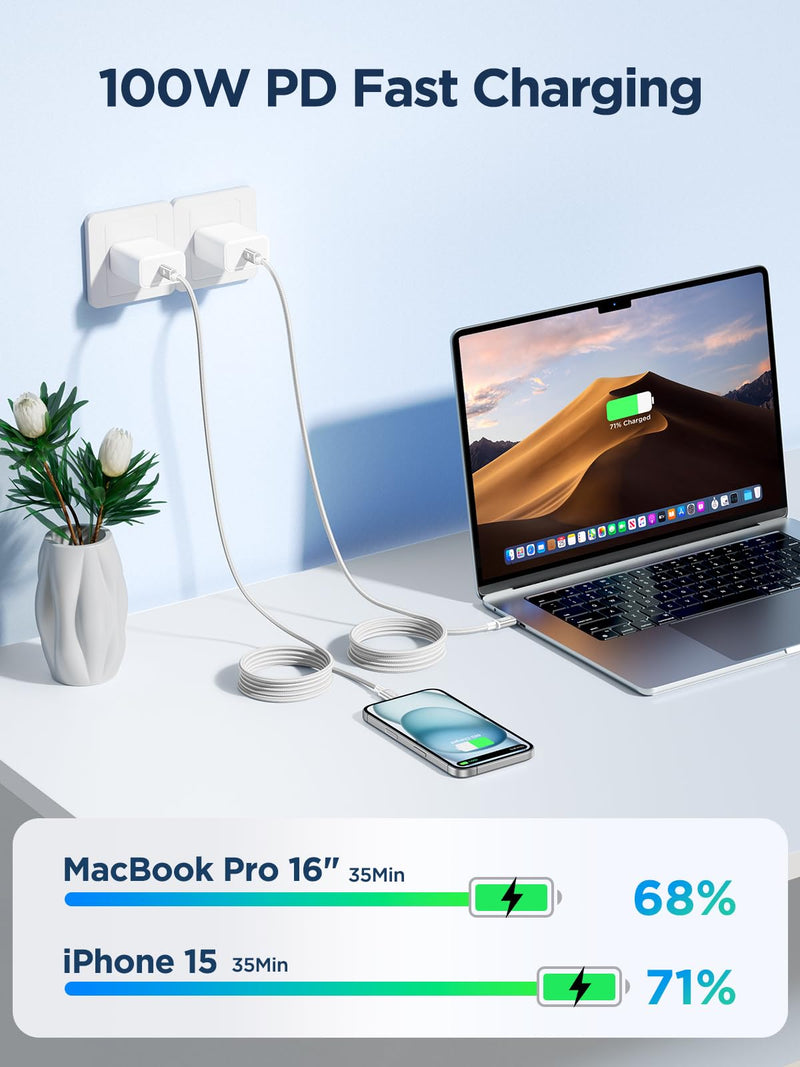 USB C to USB C Cable, 100W [10ft/2 Pack] USBC to USBC Fast Charging Cable USB C Charger Cord for iPhone 17 16 15 Air Pro Max Plus, MacBook Pro, iPad Pro, Samsung Galaxy S25/S24 Ultra, Switch, Pixel White