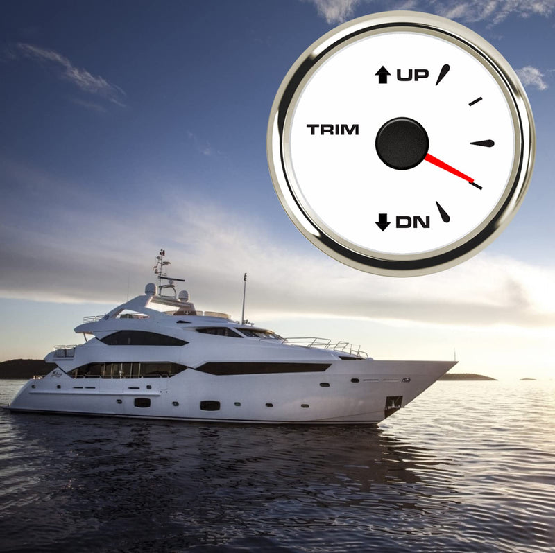 Marine Trim Gauge UP DN Boat Trim Balance Gauge Meter 52mm Trim Tilt Indicator 0-190ohm Signal 7 Color Backlight IP68 Waterproof White