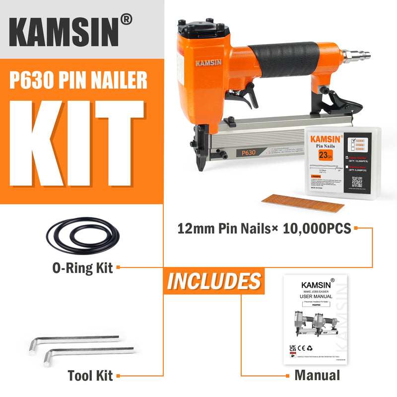 P630 23 Gauge Pneumatic Pin Nailer with 10,000PCS 1/2" Pin Nails | 1/2" to 1-3/16"(12-30mm) Leg Length, Micro Pinner with Safety, Air Headless Pin Nail Gun for Furniture, Cabinets P630