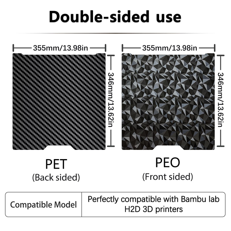 355x346mm H2D Build Plate for Bambu Lab H2D/H2S,Double Sided PEO PET Flexible Removable Spring Steel Heated Printing Bed Platform,Removable Heated Bed for H2D Combo/H2S(Carbon Fiber+Diamond) PEO PET Plate(Black)