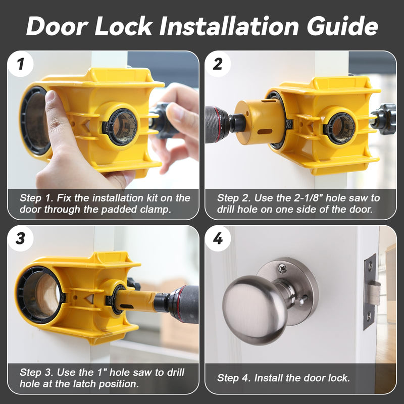 Door Lock Installation Kit - C-Clamp Design Tool-Free Clamping for Metal & Wood Doors, 2 Adjustable Bushings, with Bi-Metal Hole Saw & Anti-Warp Backing Plates (Yellow) Yellow