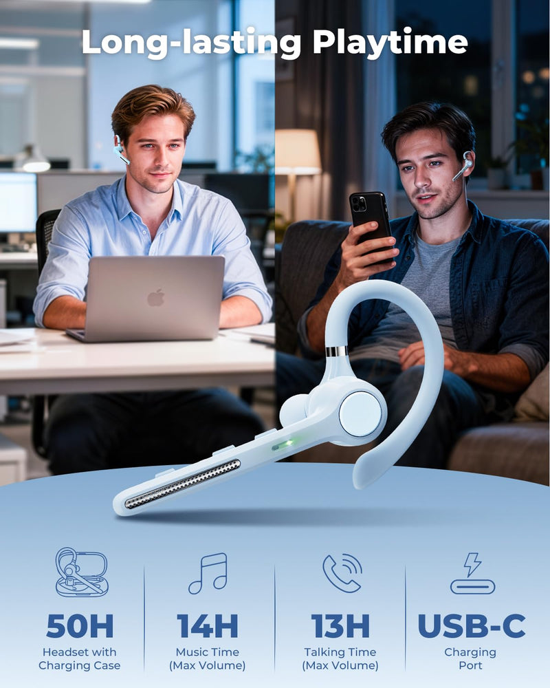 Ngsod Bluetooth Headset V5.4,USB Dongle Wireless Earpiece with Mic for Work | 500mAh Charging Case,50H Talk Time,Dual connect & Mute,ENC Noise Cancelling Lightest Headphones for Work Trucker,Light Blue Light Blue