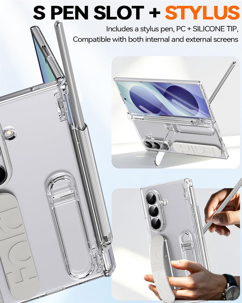 Finger Strap for Samsung Galaxy Z Fold 8 Ultra Case with S Pen Holder & Stylus, Full Coverage Hinge Protection Screen Protector Kickstand Hand Holder Grip Cover Case for Z Fold 8 Ultra Clear