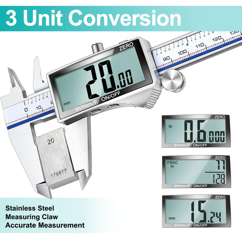 Kynup Digital Caliper Measuring Tool, Vernier Dial Caliper Digital Outside Micrometer, 6 Inch Caliper DIY Tool, Stainless Steel, Large Screen, Splash Proof, Inch Metric Fraction Switch 301-2