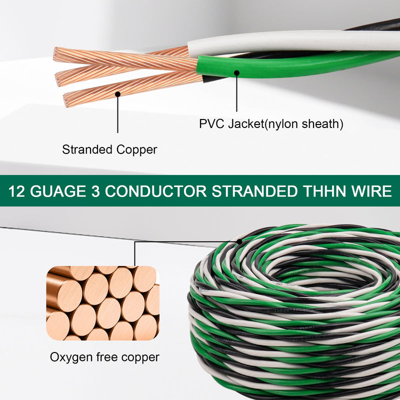 MOOKEERF THHN Wire 12 Gauge 3 Conductor (Black/White/Green) 15FT - OFC Stranded Copper 12 AWG Pre-Twisted Electrical Building Wire 600V with Nylon Jacket for Residential, Industrial, Ground, CNC 12AWG 15FT