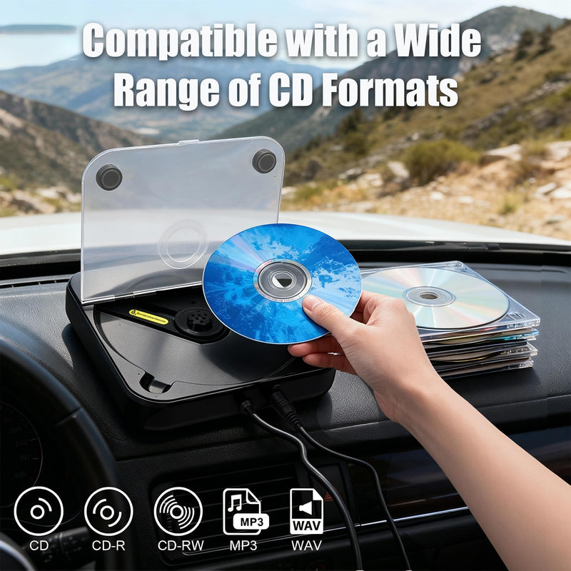 Portable CD Player for Car, External Car CD Player (Black) | USB Plug and Play, AUX Port, USB Extension Cable, Personal CD Players for Laptop/Computer/TV Black