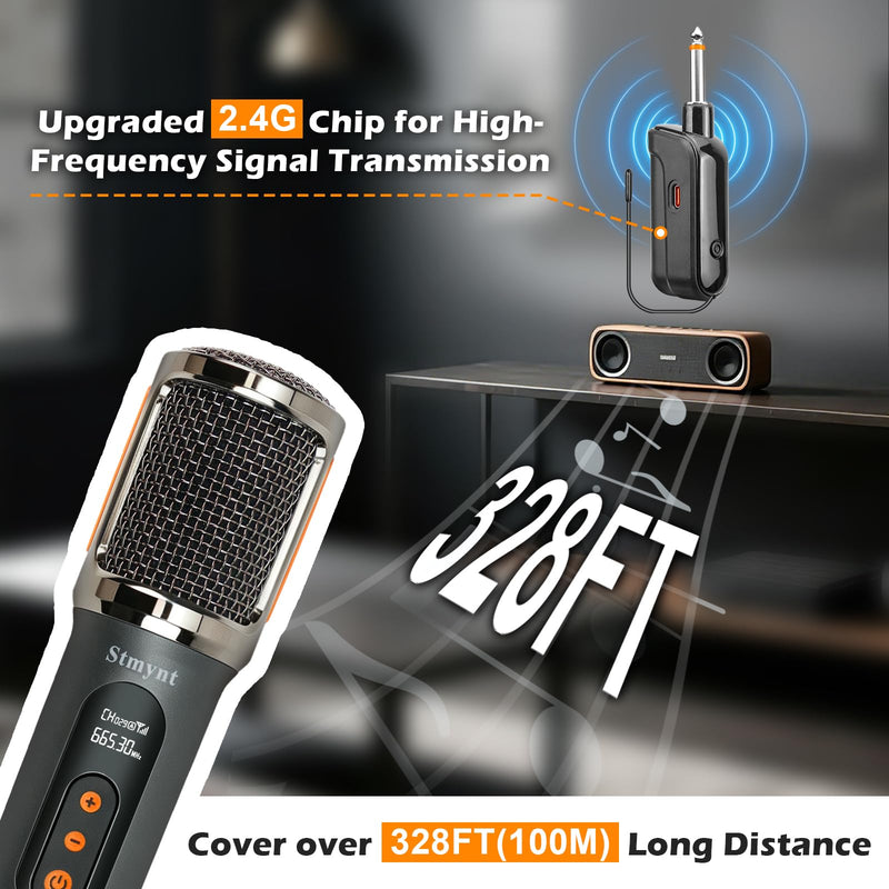 Upgraded Wireless Rechargeable Microphone, 2.4Ghz Cordless Handheld Microphone with 328FT Long Range, USB-C Charging Port 25 Hours Working Time Microphone for Karaoke Singing Speech Wedding DJ