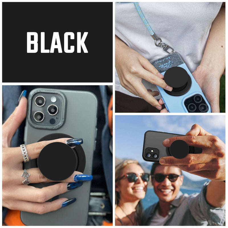 Black Magnetic Collapsible Mobile Phone Grip Compatible with Magsafe, Cell Phone Stand Holder for iPhone Smartphone and Tablet Black