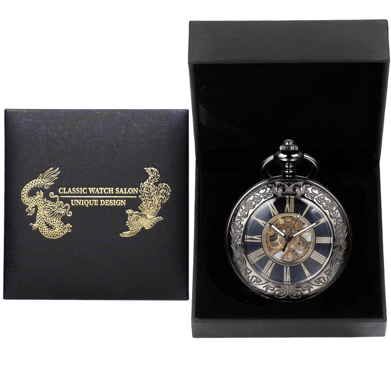 Mechanical Pocket Watch, for Men Women Special Magnifier Half Hunter Engraved Case Roman Numerals with Chain Ac. Black Black