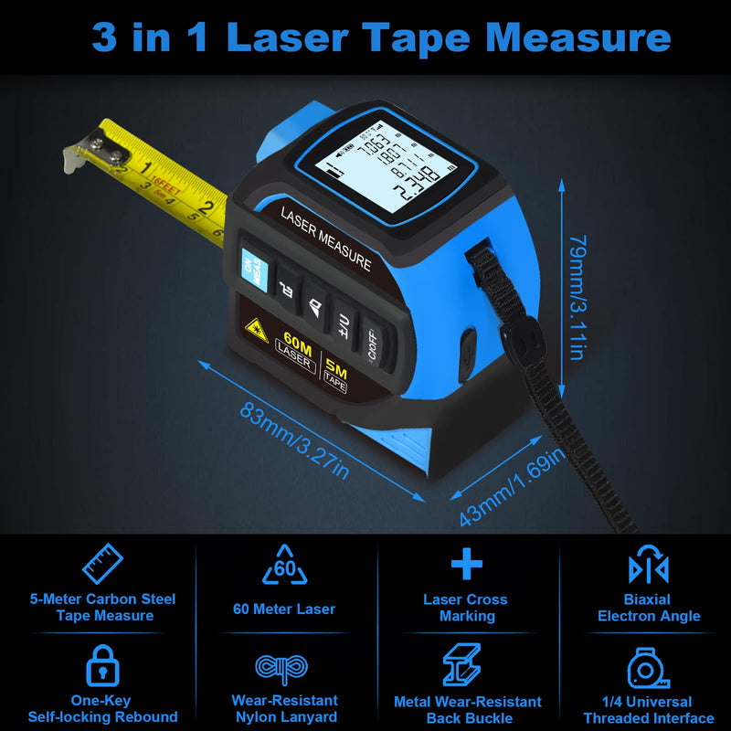 Menider 4-in-1 Laser Measure Tool - Digital LCD & Self-Locking, 196ft/60m Laser & 16ft/5m Tape, Cross Line & Dual-Axis Angle, Rechargeable for Pros