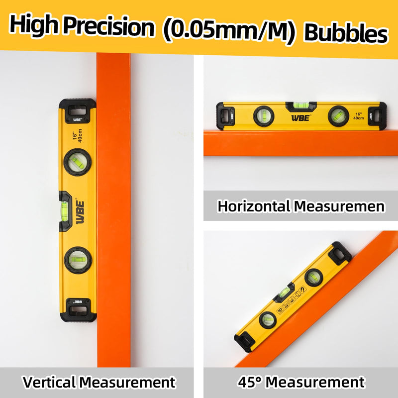 WBE 16-Inch Magnetic Torpedo Level with 45°/90°/180° Bubbles, Aluminum Alloy Body, Heavy Duty Level,Precision-Machined Base,Shockproof Rubber End Caps,Hanging Hole for Construction,Carpentry(1 PACK) 1 PACK
