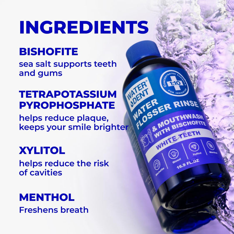 WATER DENT Water Flosser Rinse, Solution, Additive & Mouthwash for Teeth Whitening – Compatible with Waterpik & All Oral Irrigators, Concentrated, Gentle Peroxide, Alcohol Free, Mint, 16.9 fl oz 1