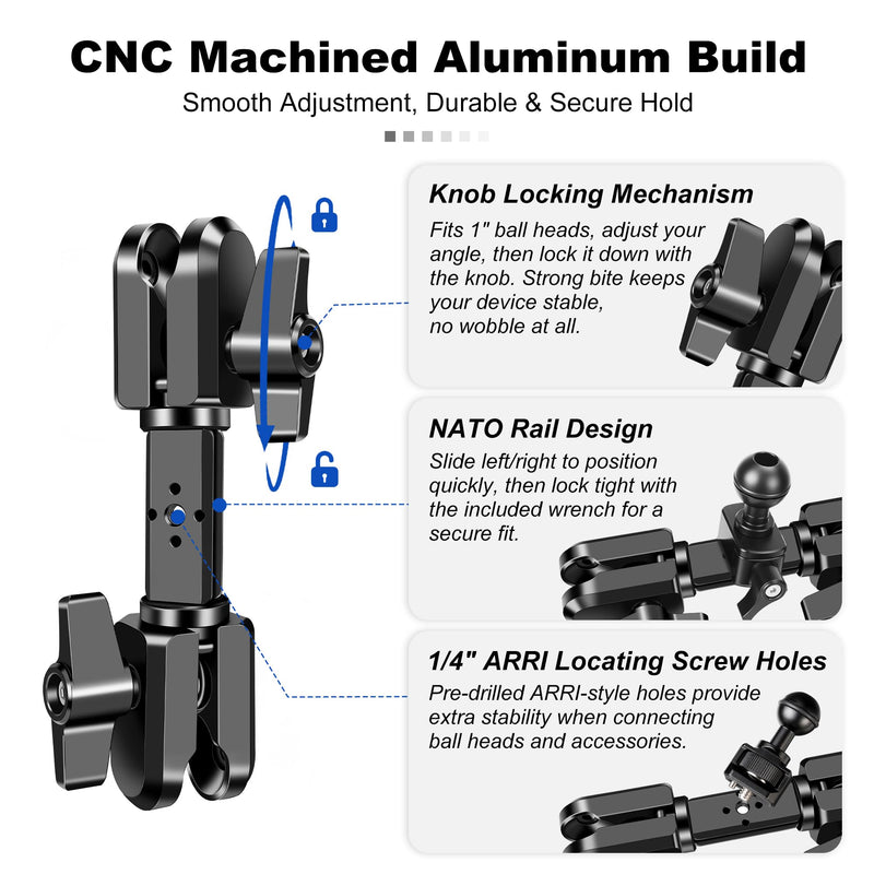 Dual Socket Extension Arm 1 Inch Ball Mount Adapter