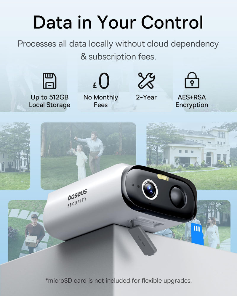 Baseus Solar Security Cameras Wireless Outdoor S1 Lite, 2K QHD Solocam, Continuous Power, Color Night Vision, AI Human Detection, IP67, No Monthly Fee, Local Storage, Works with Alexa & Google Home 2K Solocam