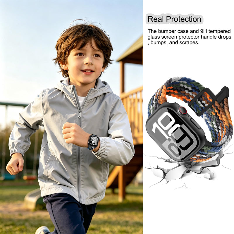 Braided Band and Case for Kids Apple Watch Band SE3/SE2/SE & Series 9-1 | Adjustable & Breathable Elastic Nylon Strap for Girls Boys iWatch Cowboy 40mm