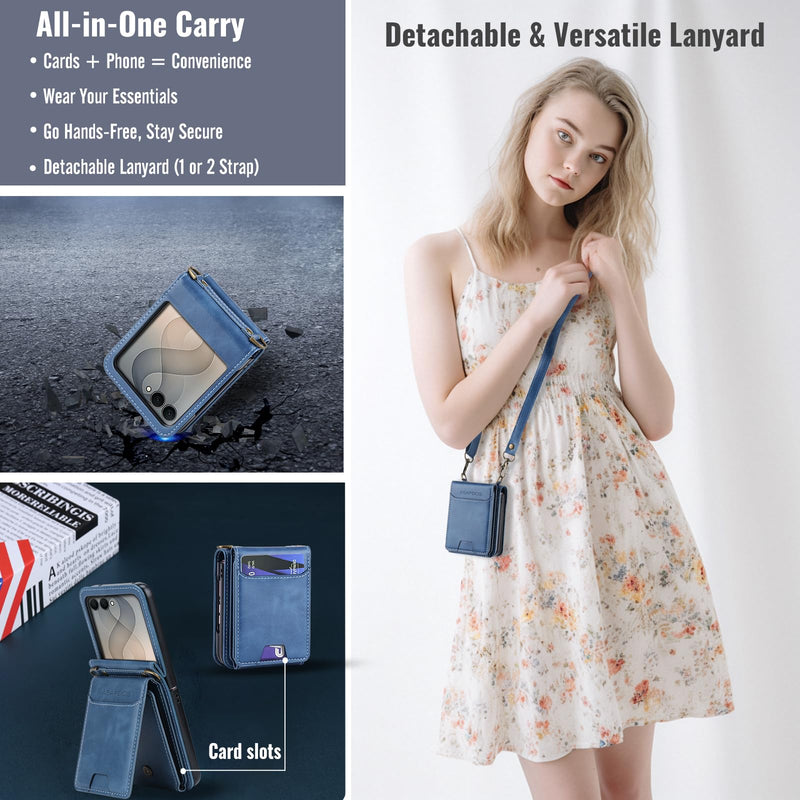for Samsung Galaxy Z Flip 8 PU Leather Wallet Phone Case with Card Slots (Holds 5-7 Cards), Anti-Drop Protection, Wrist & Shoulder Strap Blue Galaxy Z Flip 8 5G