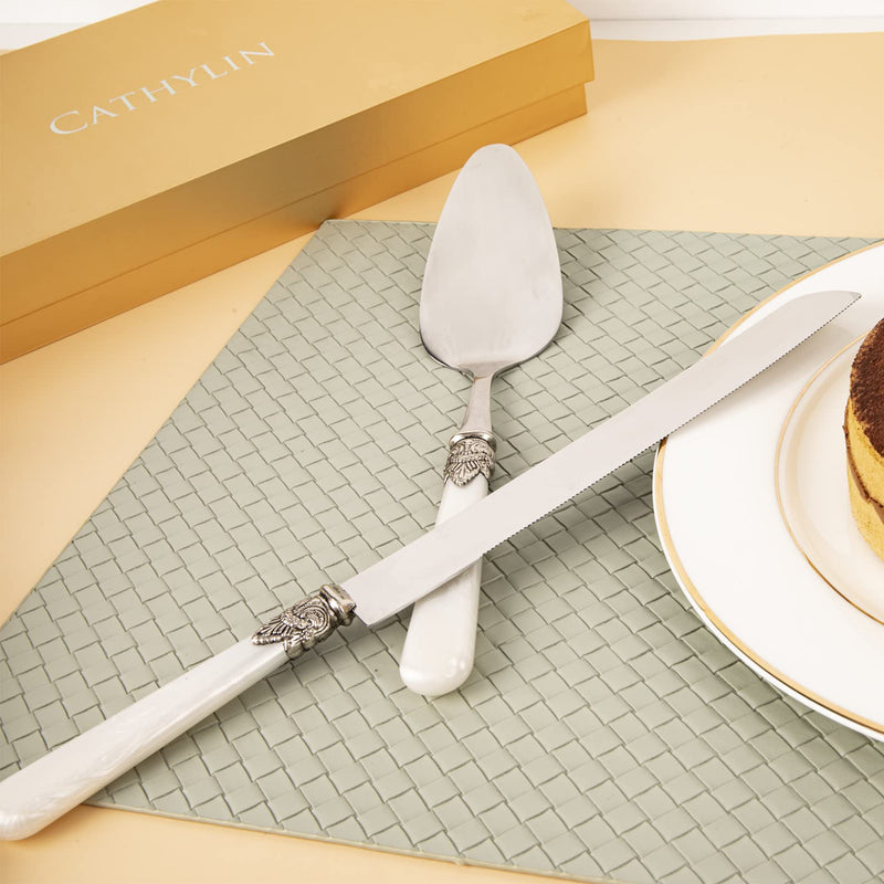 Wedding Cake Knife and Serve Set, Fancy Hand Craft Italian Style Design, Pearl Pie Knife Server Set, Vintage Silverware,Cake Cutter Set, Cake Knife Gift Set, 2 pcs (White) White