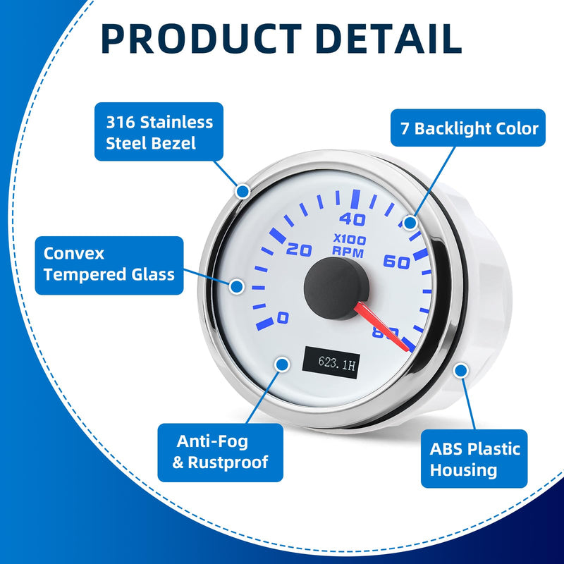 MH Tachometer 2-1/6" 52mm 8000 Tach Boat RPM Gauge 7 Color Waterproof for AUTO Car Truck Marine（White）