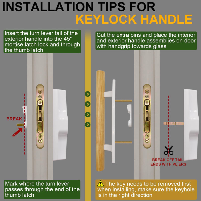Sliding Glass Patio Door Handle Set with Key Cylinder and Mortise Lock 45° Keyway, Oak Wood Inside Handles and Zinc Diecast Outside Pull, 3-15/16" Hole Spacing, Non-Handed, White White Keyed Handles + Mortise Lock
