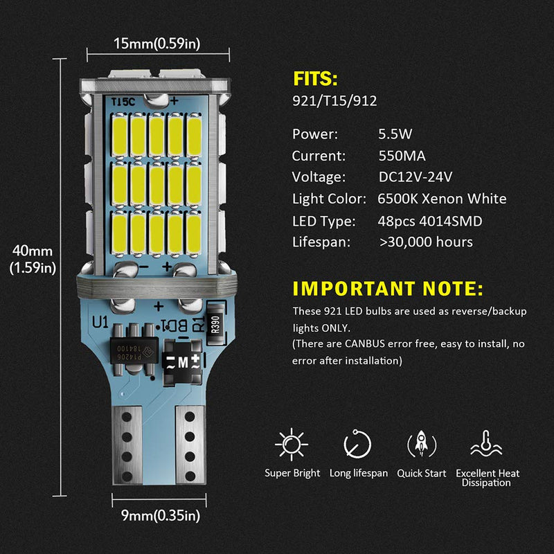 Extremely Bright 921 912 906 T15 W16W LED Bulb White, CANBUS 48-SMD 4014 Chipsets 1300 Lumens LED Replacement for Car Backup Reverse Center High Mount Stop Light Bulbs(Pack of 2) Xenon White