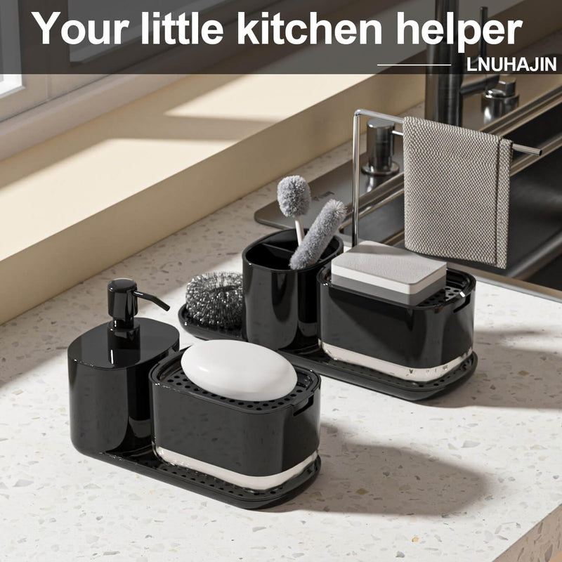 Kitchen Soap Dispenser Set with Tray and Sponge Holder, Dish and Hand Soap Dispenser with Dishcloth Holder 4-in-1 Kitchen Sink Countertop Storage Organizer, Useful Kitchen Gadgets -Black Black