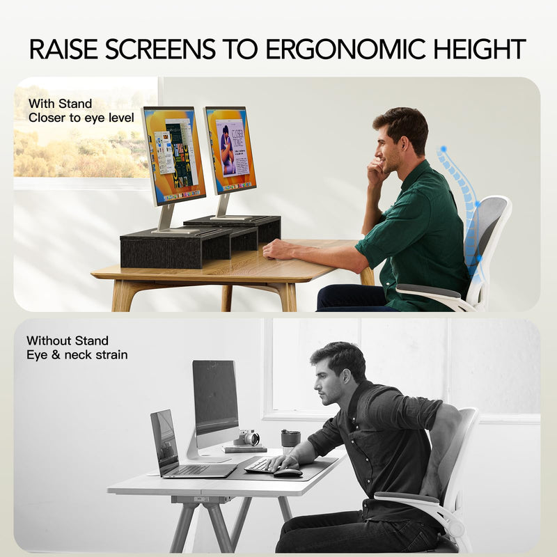 AMERIERGO Dual Monitor Stand Riser for 2 Monitors, Monitor Stand for Desk, Adjustable Computer Monitor Stand with 2 Slot, Multifunctional Desktop Organizer Stand for Laptop, PC, Computer, Printer Black