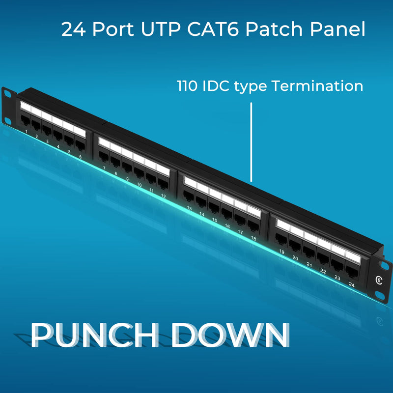 Rapink Patch Panel 24 Port Cat6 10G Support, Network Panel UTP 19-Inch, Wallmount or Rackmount 1U Ethernet Patch Panel Punch Down Block for Cat6, Cat5e, Cat5 Cabling 24Port