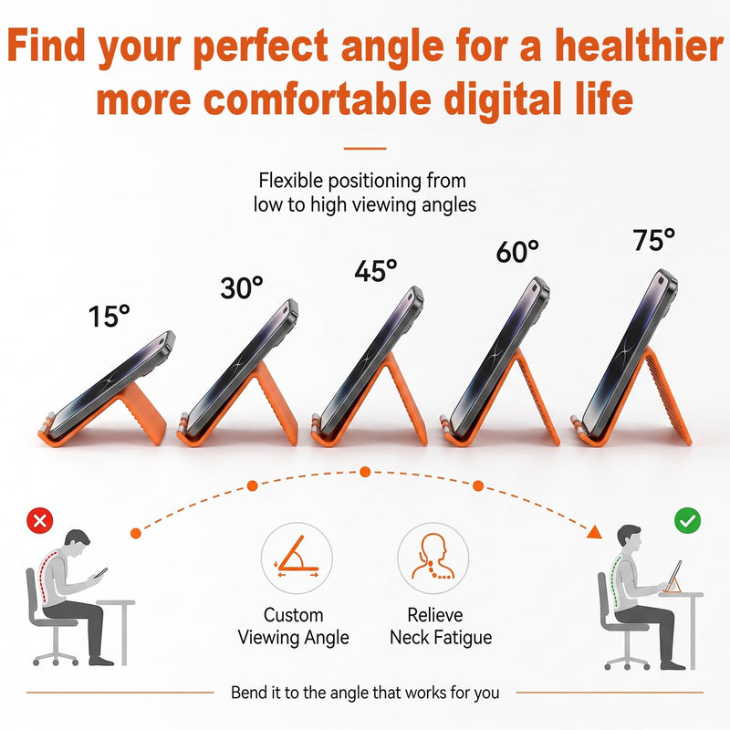 1PCS Flexible Silicone Phone Stand Holder, Foldable Adjustable Cell Phone Stand, Portable Anti Slip Airplane Phone Holder for Bed, Office, Kitchen, Travel, Compatible with Smartphone, Tablet（Orange） Orange