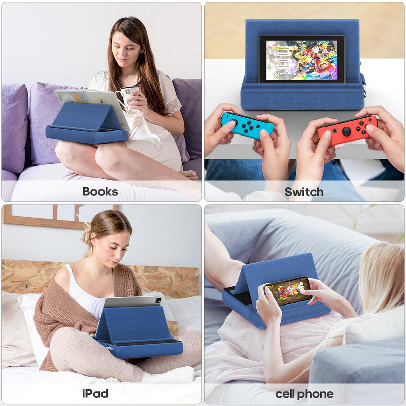 KDD Tablet Pillow Stand, Multi-Angle Viewing I-pad Holder for Lap, Bed and Desk, Foldable Soft Pad Dock with Stylus Mount Compatible with I-pad Pro 12.9, 10.5, 11, Air, Mini, Phones, Books, E-Reader Blue