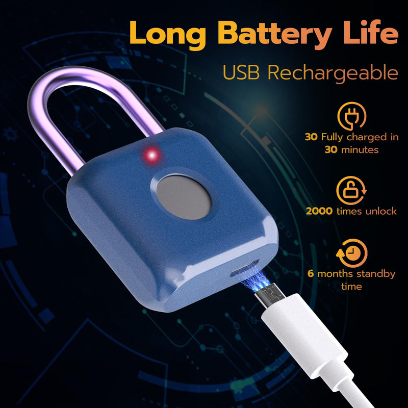 Pothunder Fingerprint Padlock, Smart Padlock, Locker Lock, Biometric Metal Keyless Fingerprint Lock, USB Rechargeable, for Gym Locker, Luggage, Backpack(Blue) Only Finger Blue